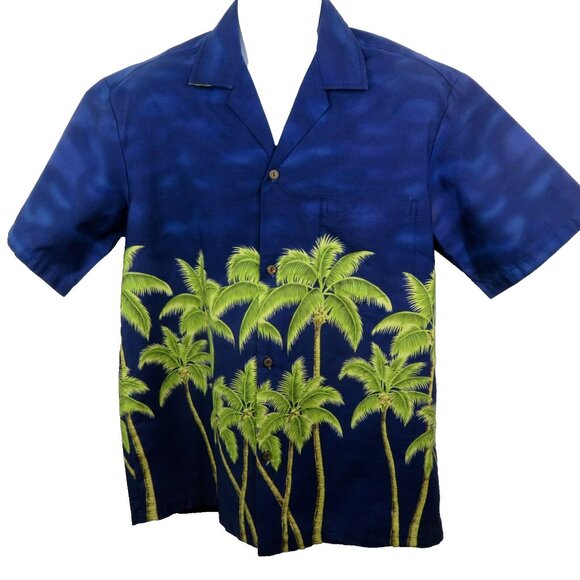 Winnie Fashion Palm Tree Hawaiian Aloha Shirt Mens L Border Print Blue Green - Picture 1 of 11